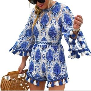 Blue and white tassel romper s